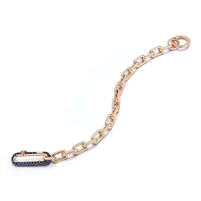 SAXON 18K GOLD CHAIN LINK BRACELET WITH ELONGATED BLUE SAPPHIRE LINK CLASP