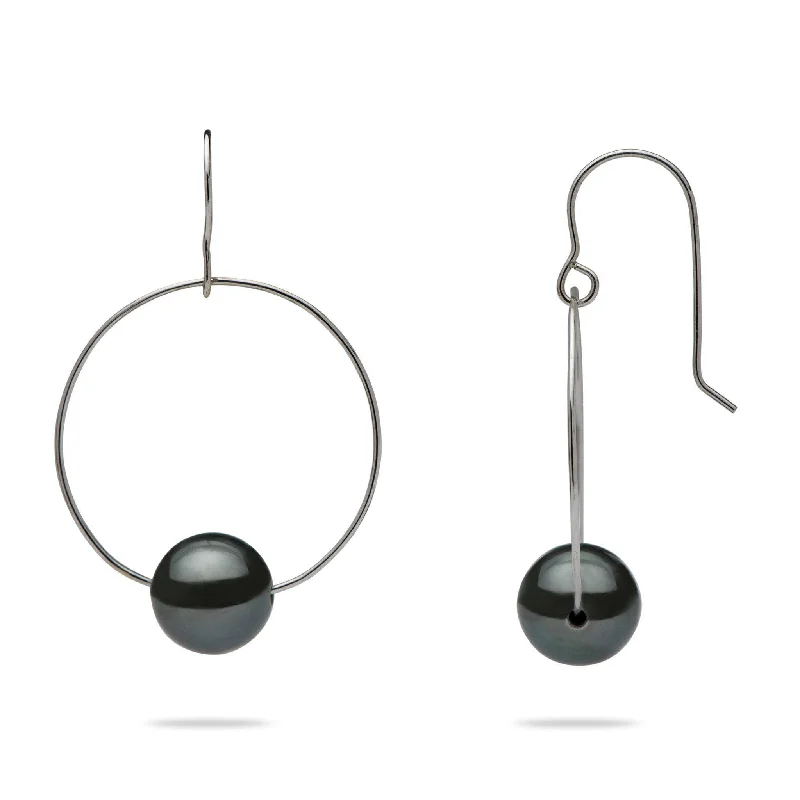 Tahitian Black Pearl Earrings in White Gold - 9-10mm