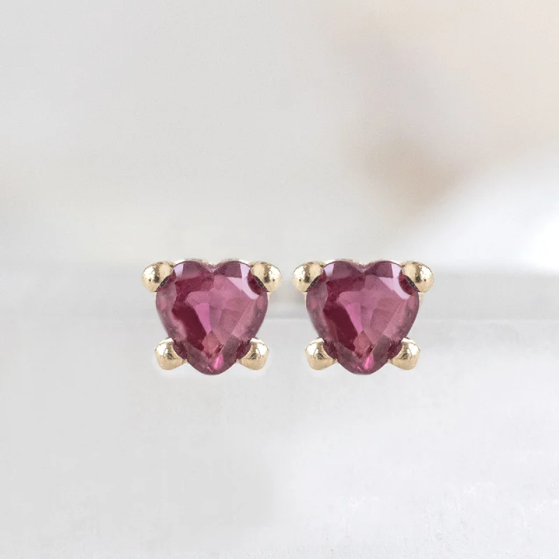 The Teensy Ruby Heart Studs | 14K Yellow Gold