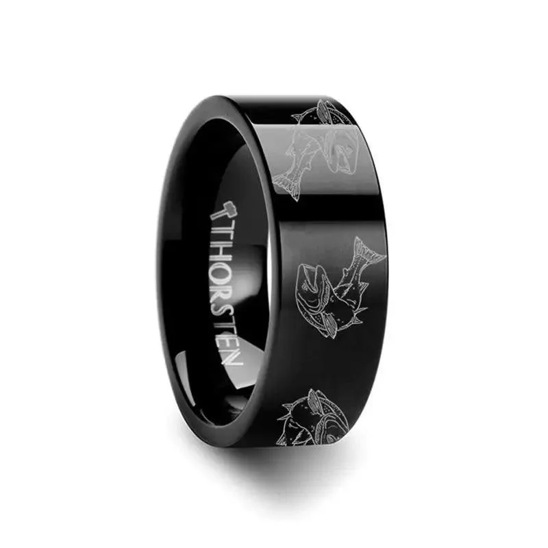 Trout Fish Jumping Sea Print Pattern Engraved Flat Black Tungsten Ring - 4mm - 12mm