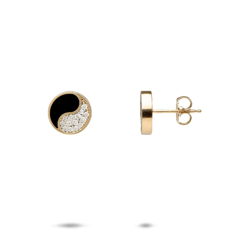 Yin Yang Black Coral Earrings in Gold with Diamonds - 10mm