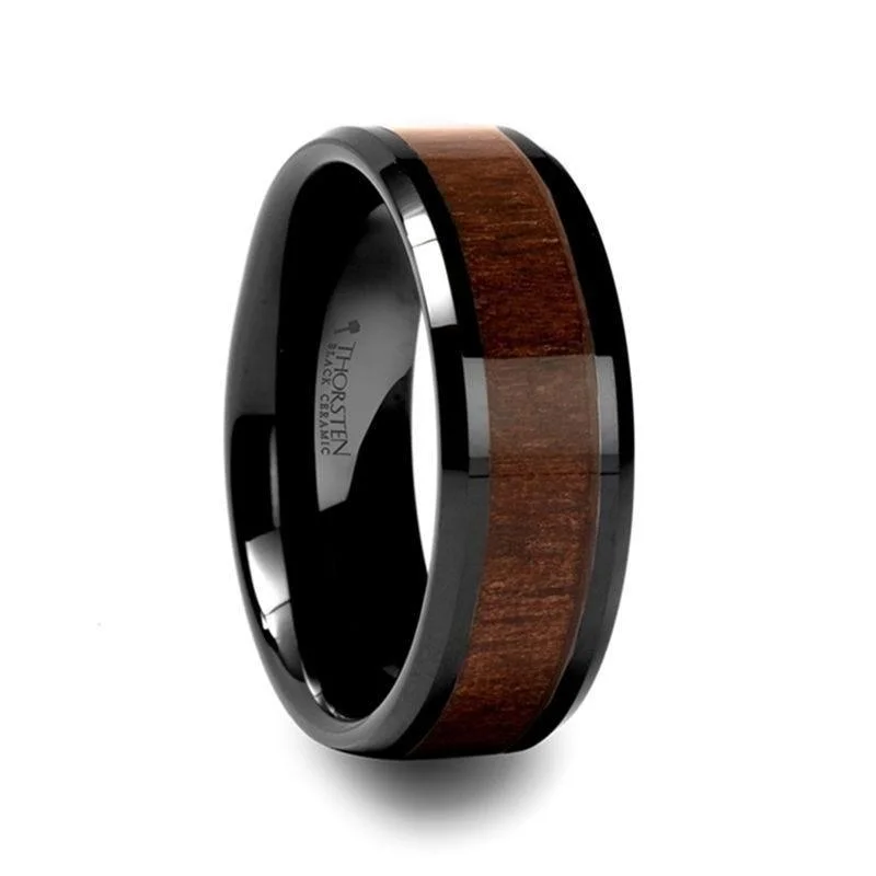 YUKON Beveled Black Ceramic Ring with Black Walnut Wood Inlay - 4mm - 12mm