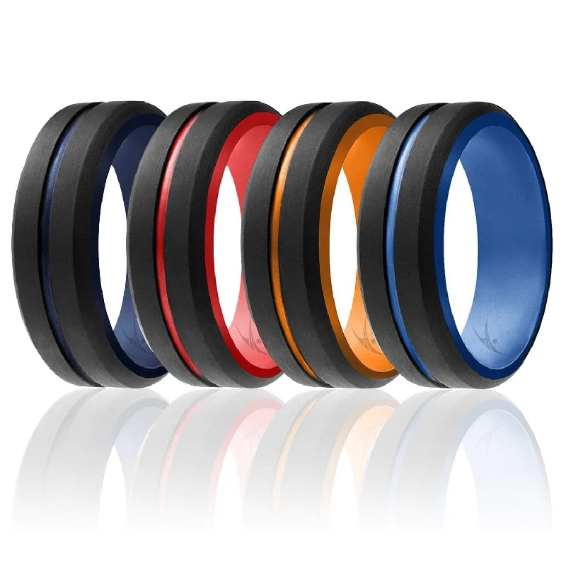 4 Pack - Silicone Ring for Men - Engraved Middle Line Duo Collection