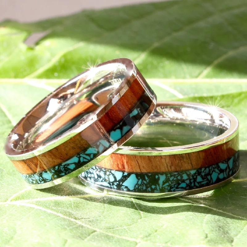 Wood & Turquoise Wedding Band Set for Him and Her | His and Hers Wedding Bands