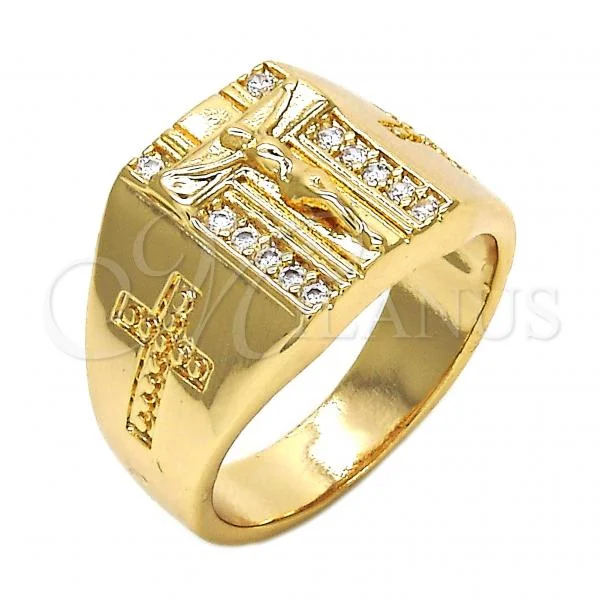 Oro Laminado Mens Ring, Gold Filled Style Crucifix Design, with White Cubic Zirconia, Polished, Golden Finish, 01.283.0001.10 (Size 10)